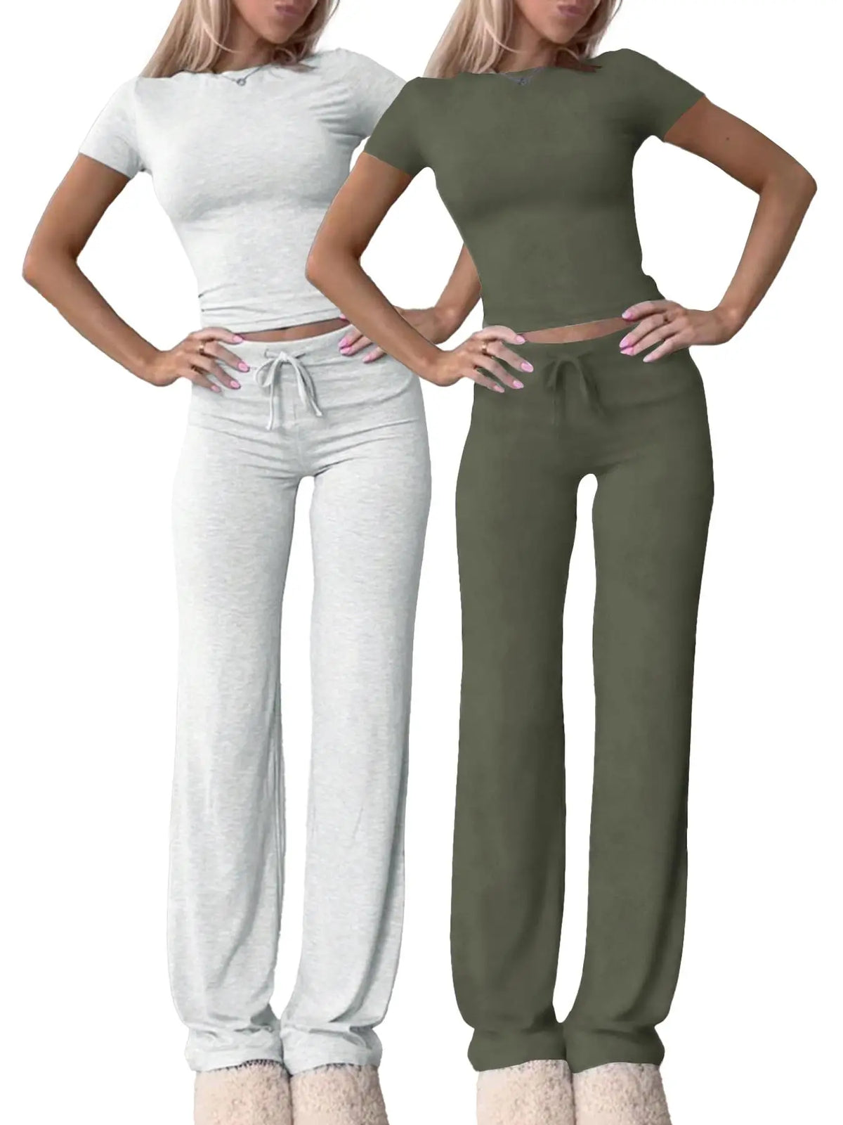 Women's Basic Minimalist Solid Short Sleeve Two-piece Set, Casual Round Neck Crop Tee & Drawstring High Waist Trousers for Daily Wear, Ladies Summer Clothes, Womenswear