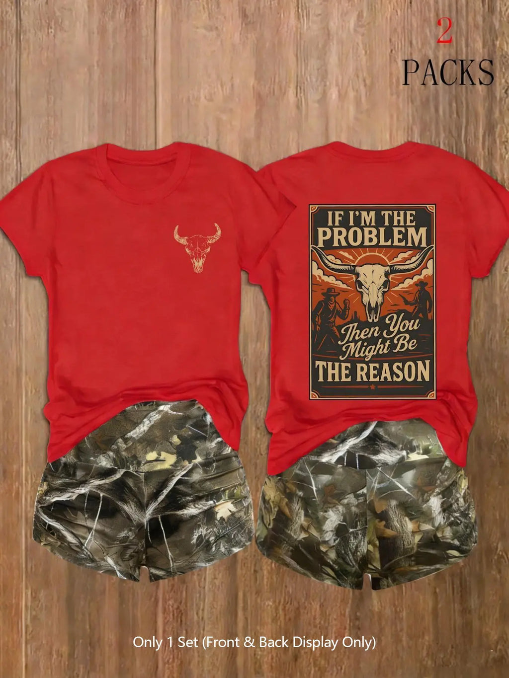Women's 2-Pack Western Bull Print Short Sleeve Loose T-Shirt & Camo Shorts Set, Soft Casual Fabric, Daily Streetwear Loungewear, Black Beige Pink White Purple Red Multi-Color Options, Clothes