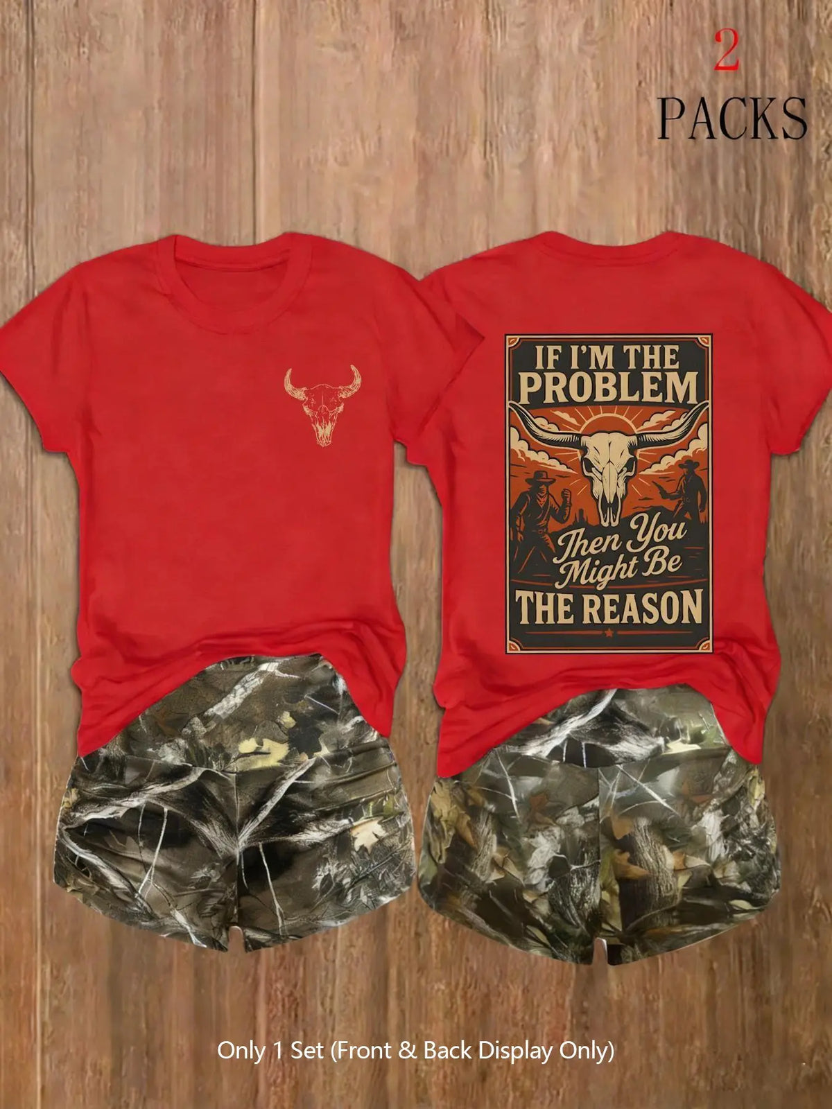 Women's 2-Pack Western Bull Print Short Sleeve Loose T-Shirt & Camo Shorts Set, Soft Casual Fabric, Daily Streetwear Loungewear, Black Beige Pink White Purple Red Multi-Color Options, Clothes