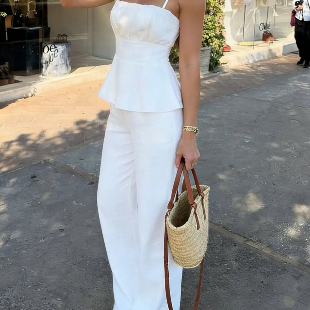 Solid Color Casual Simple Ruffled Cami Top & Wide-Leg Pants Two-Piece Set Outfit, High-Waisted Sleeveless Fitted H-Line Lightweight Lady Womenswear