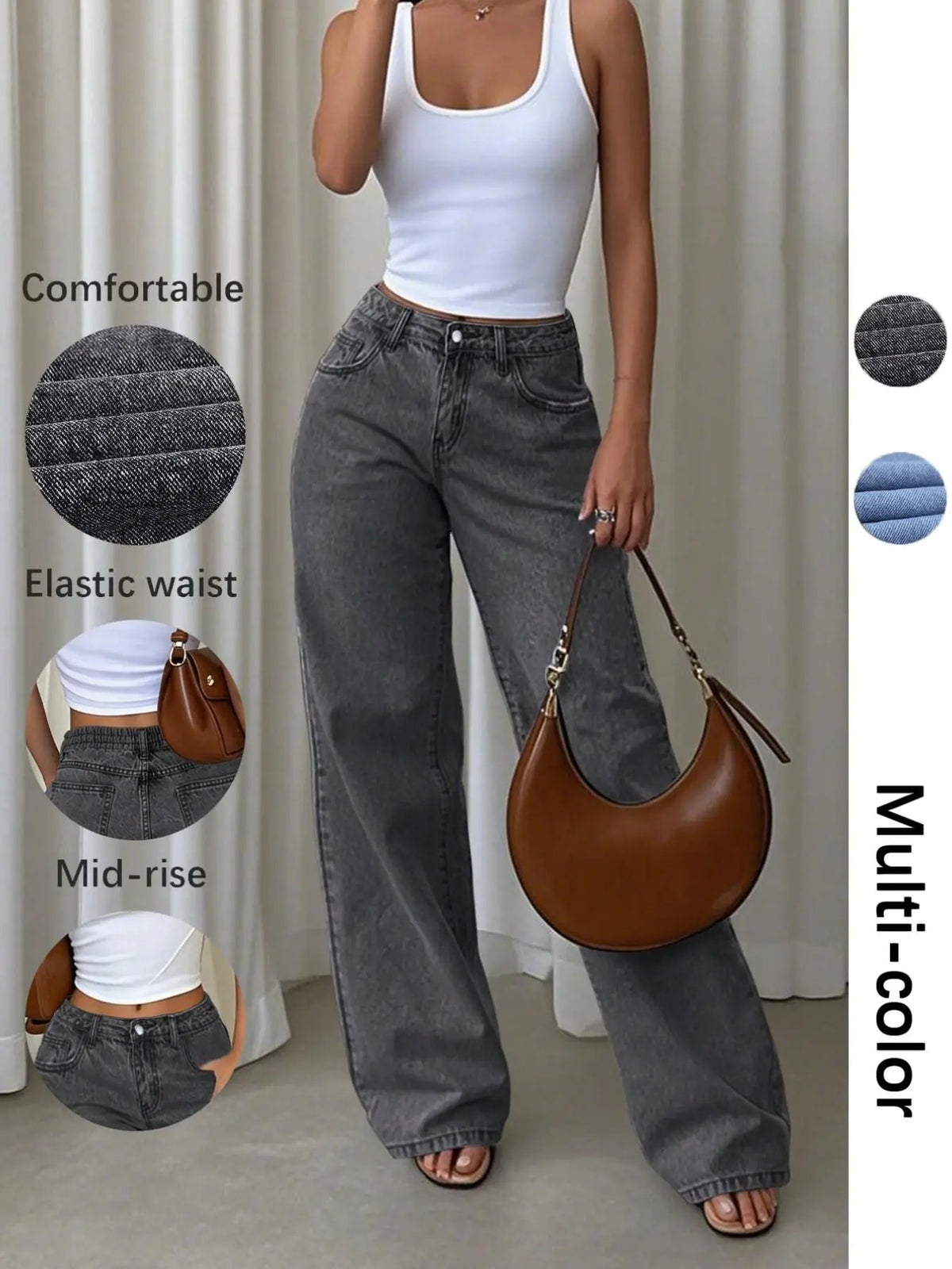 Women's Denim Wide Leg Pants, Multi-Color Durable Comfortable Front Pocket Y2K Vintage Washed, Mid-Waist Loose Straight Fit for Dating and Walking Jeans