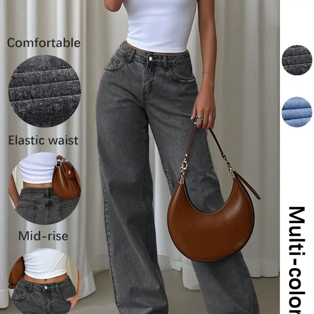 Women's Denim Wide Leg Pants, Multi-Color Durable Comfortable Front Pocket Y2K Vintage Washed, Mid-Waist Loose Straight Fit for Dating and Walking Jeans