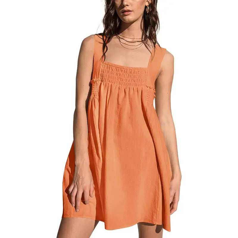 Imily Bela Women 's Summer Casual Sleeveless Mini Dress Square Neck Smocked Swing Loose Babydoll Dress Breathable Womenswear