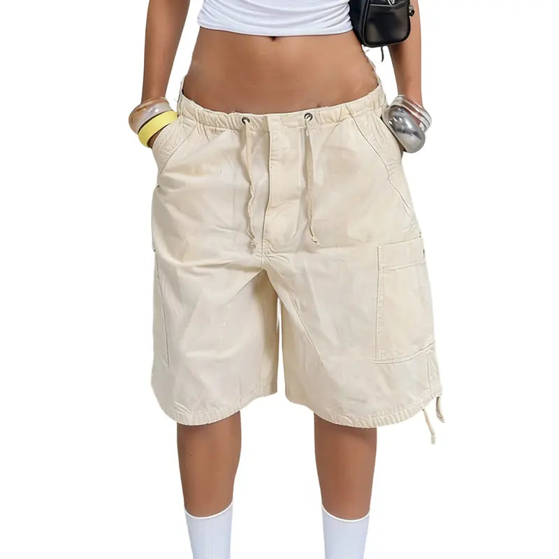 Women Fashion Denim Shorts Solid Color Six Pockets Drawstring Elastic Waist Jeans Shorts Summer Oversized Cargo Shorts
