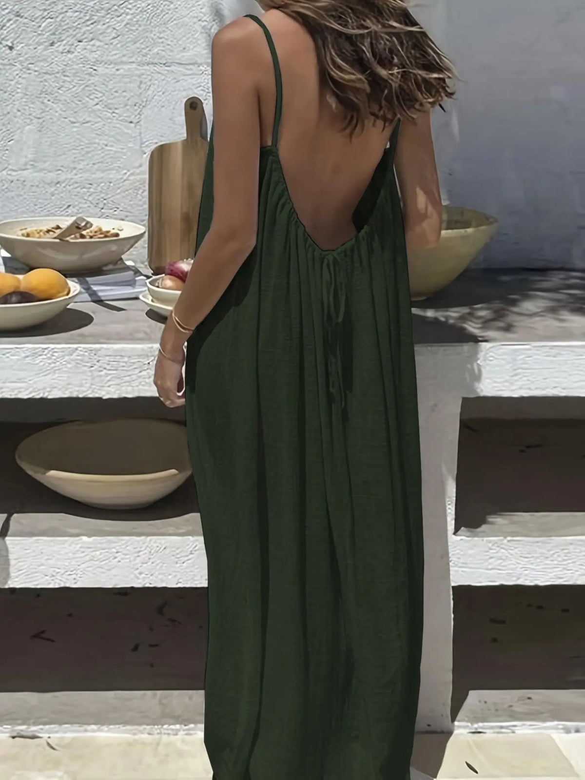Women's Solid Color Backless Cami Dress, Casual Sleeveless Dress for Summer, Ladies Clothes for Beach Holiday Vacation, Date Night Dresses