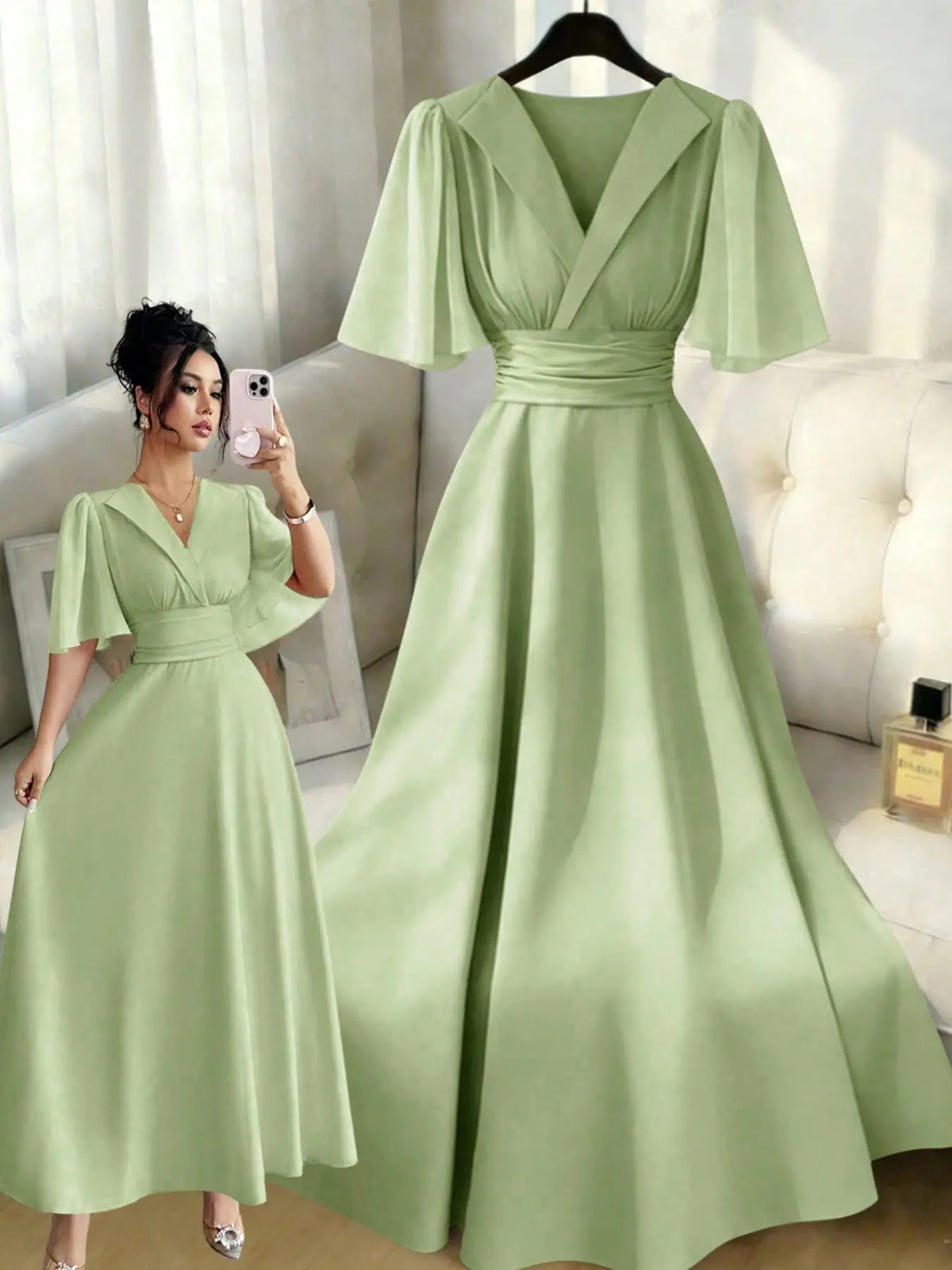 New Women's Lapel Neckline Dress, Waist Ruched Back Tie Chiffon Patchwork, Peplum Sleeves Design, Casual Elegant Summer Dress, Casual Summer Dresses
