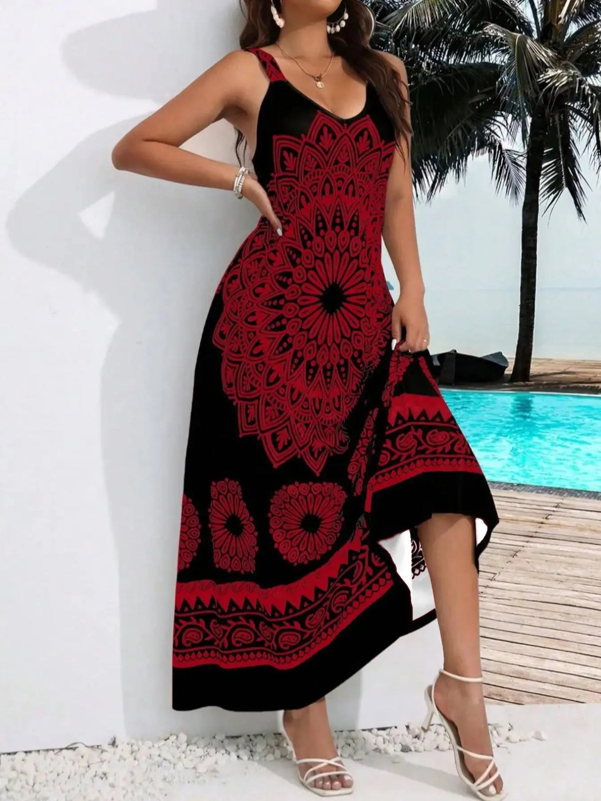 Plus Size Ethnic Pattern Backless Scoop Neck Fitted Cami Dress, Boho Print Dress, Bohemian Style Dresses, Boho Bohemian Fashion Chic Sleeveless Casual A Line Long Dress, Casual Boho Sundress for Beach Holiday Vacation, Women's Plus Clothing for Summer