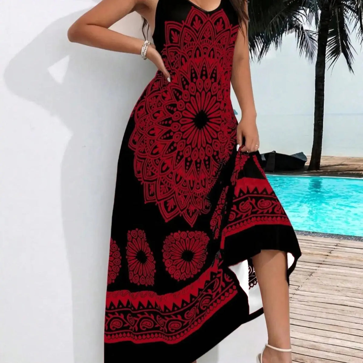 Plus Size Ethnic Pattern Backless Scoop Neck Fitted Cami Dress, Boho Print Dress, Bohemian Style Dresses, Boho Bohemian Fashion Chic Sleeveless Casual A Line Long Dress, Casual Boho Sundress for Beach Holiday Vacation, Women's Plus Clothing for Summer