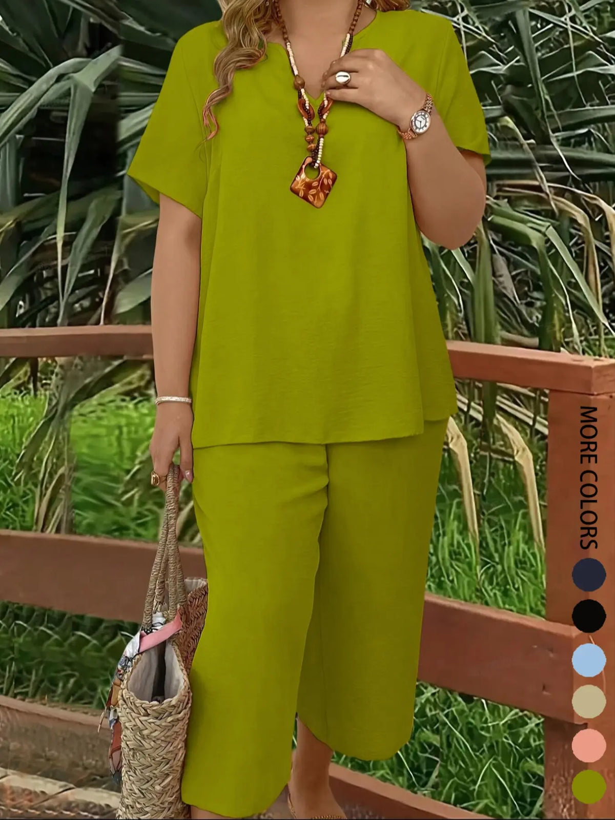 Plus Size Elegant Minimalist Women's Solid Color Short Sleeve Fashion Top & Casual Wide Leg Pants Set for Summer, Lounge Pants Set, Everyday Comfortable & Stylish, Lady Womenswear, Style, Fit, Clothes, Fashion Clothing Set