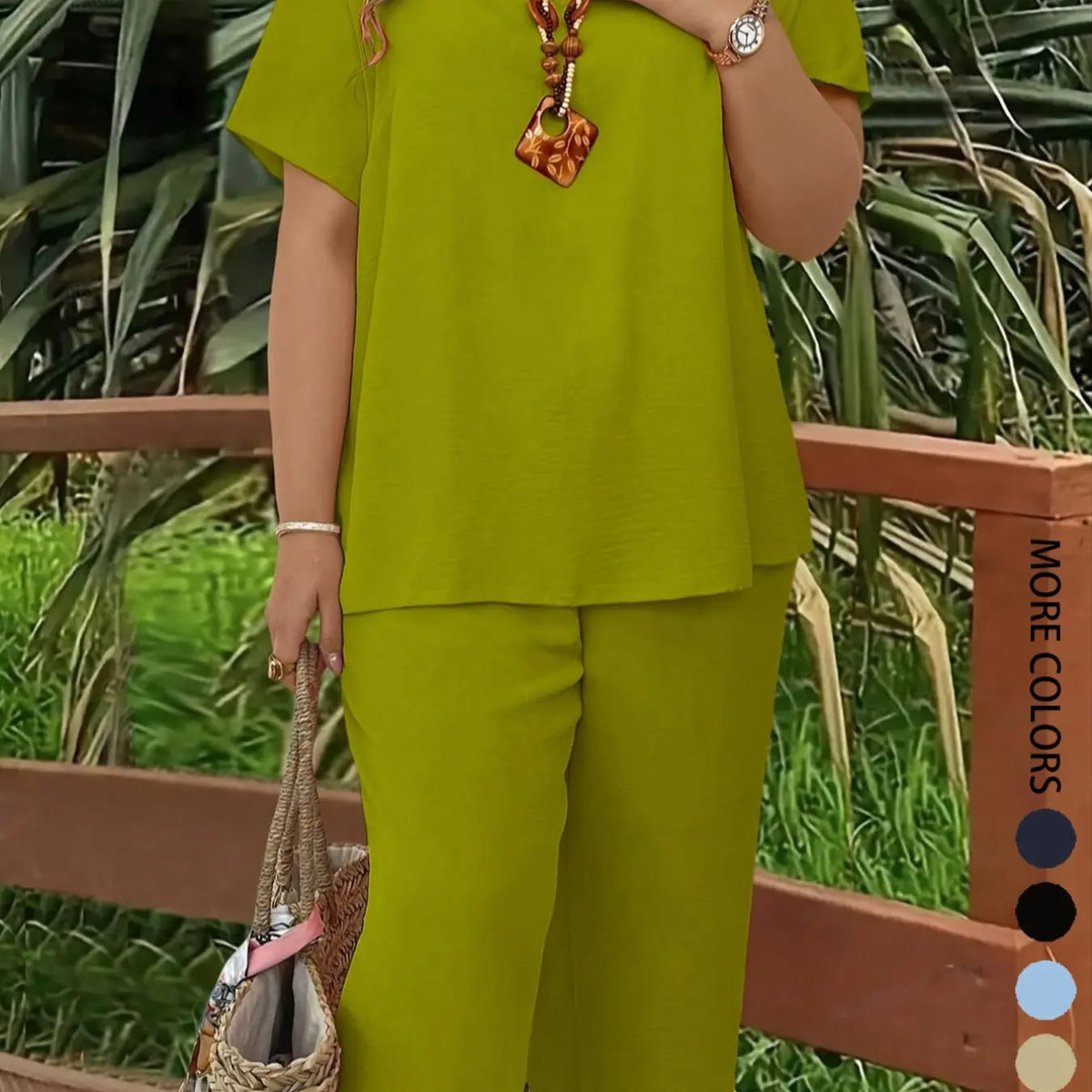 Plus Size Elegant Minimalist Women's Solid Color Short Sleeve Fashion Top & Casual Wide Leg Pants Set for Summer, Lounge Pants Set, Everyday Comfortable & Stylish, Lady Womenswear, Style, Fit, Clothes, Fashion Clothing Set