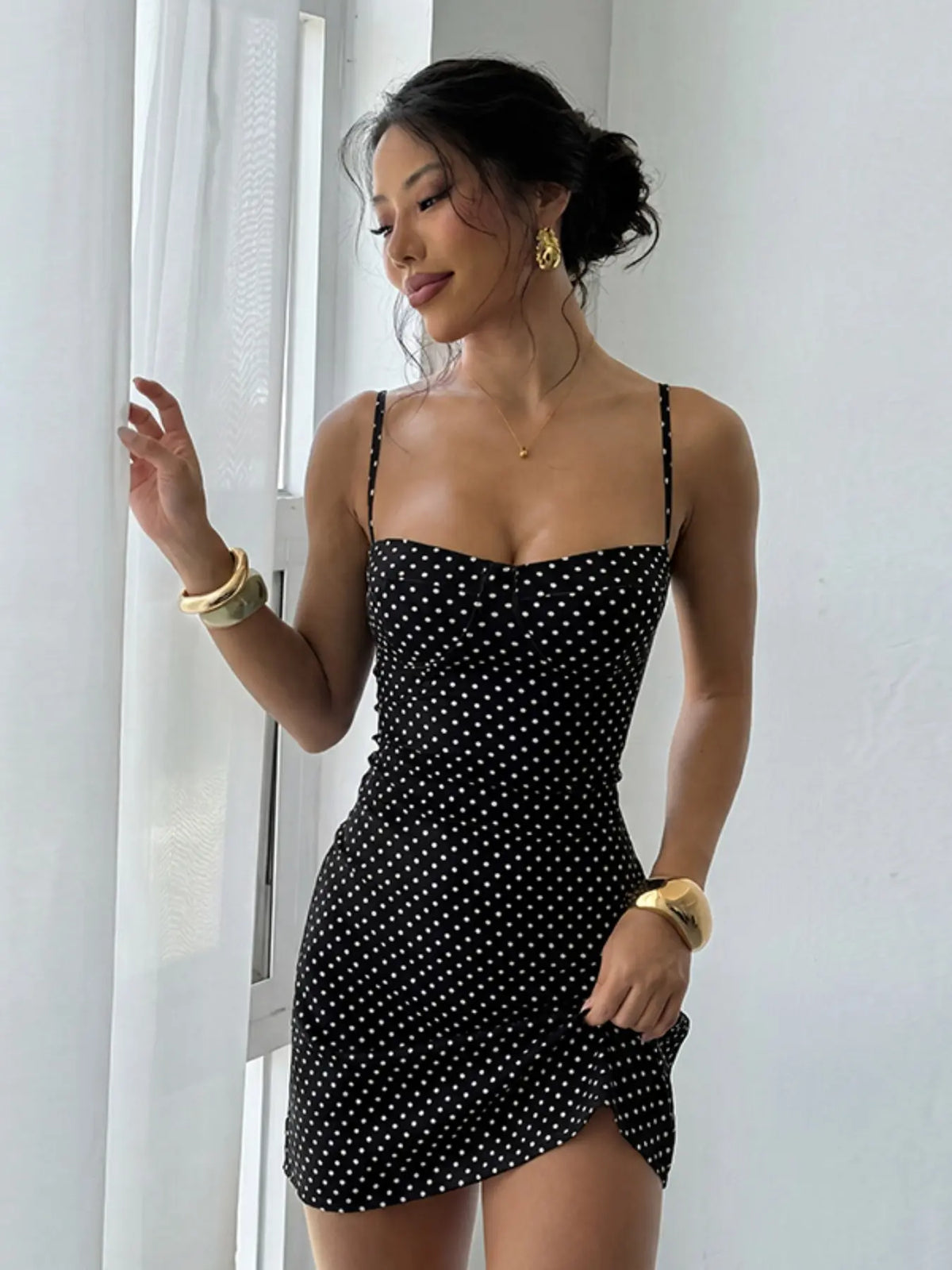 Sexy Stylish Comfortable Polka Dot Backless Spaghetti Strap Dress, Women's Fashion Casual Chic Trendy Dress Sleeveless Fitted Wear for All Seasons, Womenswear