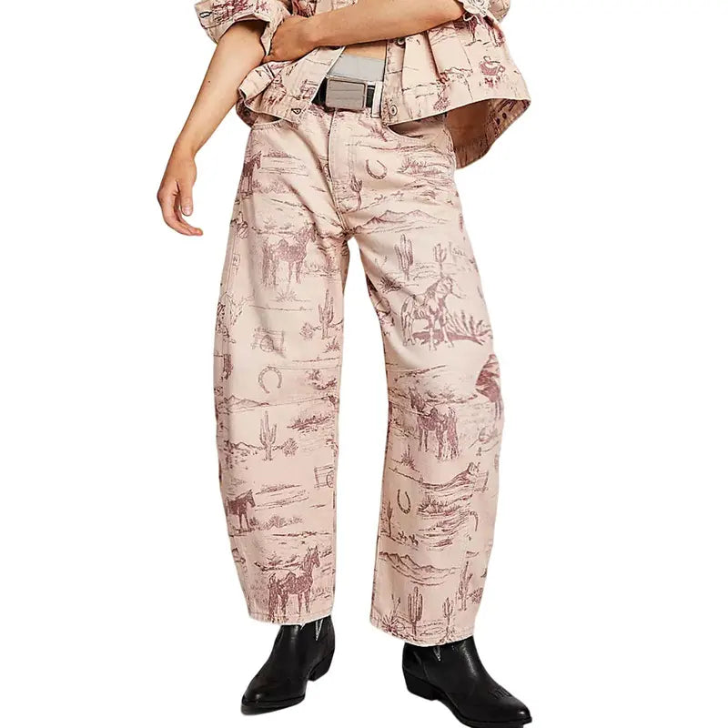 CHOUYATOU Women's Printed Wide-Leg Jeans Y2k Loose Mid-Rise Jeans in Soft Pink with Boho Floral Pattern Casual Denim Trousers
