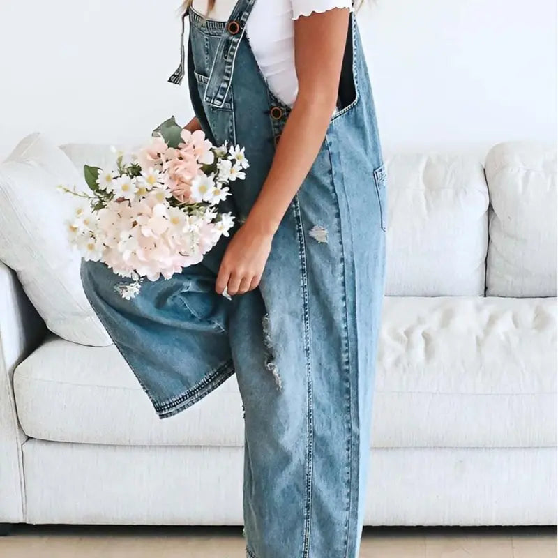 Ebossy Women's Minimalist Blue Loose Strappy Adjustable-Button Denim Coverall Bib Overalls - Ripped Wide Leg Baggy Jumpsuit, Casual Party Womenswear, Women's Clothing
