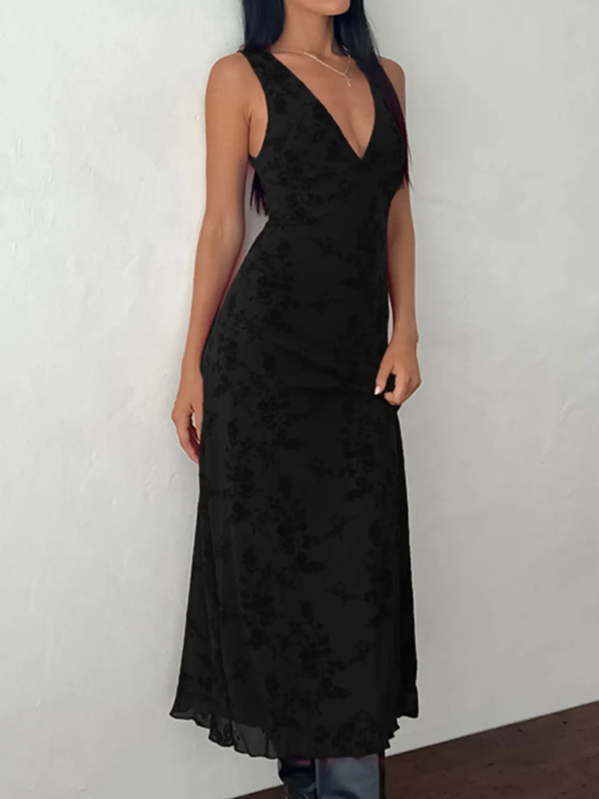Women's Floral Print Deep V Neck A Line Dress, Elegant Aesthetic Sleeveless Plunge Neck Bodycon Long Dress, Ladies Clothes for Party Holiday Wedding Guest, Dresses