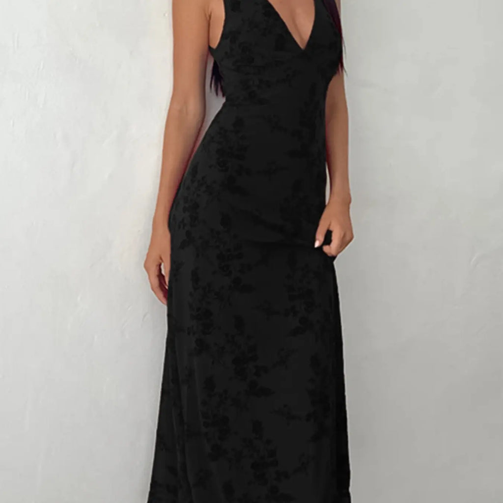Women's Floral Print Deep V Neck A Line Dress, Elegant Aesthetic Sleeveless Plunge Neck Bodycon Long Dress, Ladies Clothes for Party Holiday Wedding Guest, Dresses