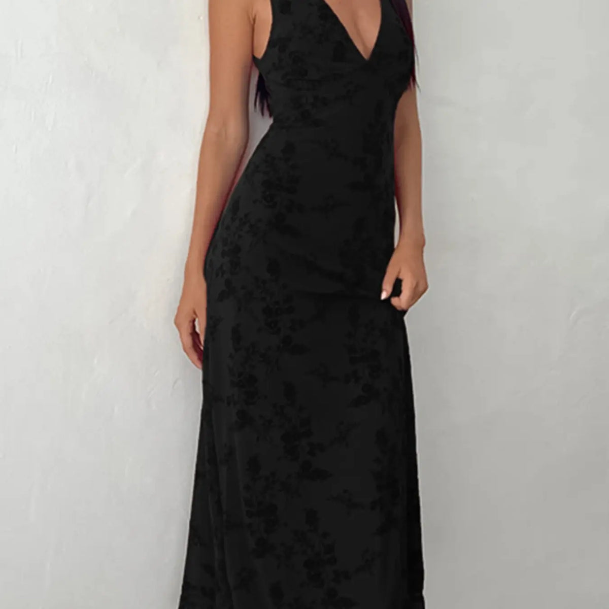 Women's Floral Print Deep V Neck A Line Dress, Elegant Aesthetic Sleeveless Plunge Neck Bodycon Long Dress, Ladies Clothes for Party Holiday Wedding Guest, Dresses