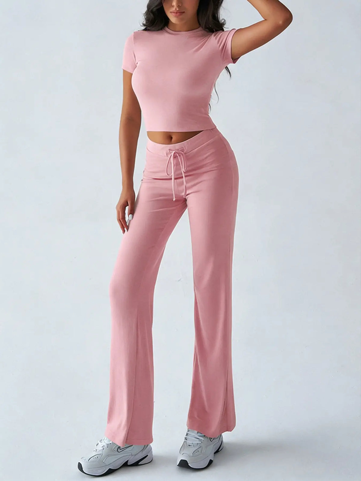 Women's Basic Minimalist Solid Short Sleeve Two-piece Set, Casual Round Neck Crop Tee & Drawstring High Waist Trousers for Daily Wear, Ladies Summer Clothes, Womenswear