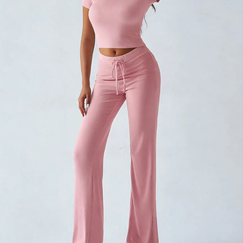 Women's Basic Minimalist Solid Short Sleeve Two-piece Set, Casual Round Neck Crop Tee & Drawstring High Waist Trousers for Daily Wear, Ladies Summer Clothes, Womenswear