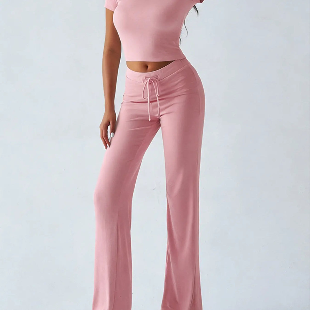 Women's Basic Minimalist Solid Short Sleeve Two-piece Set, Casual Round Neck Crop Tee & Drawstring High Waist Trousers for Daily Wear, Ladies Summer Clothes, Womenswear