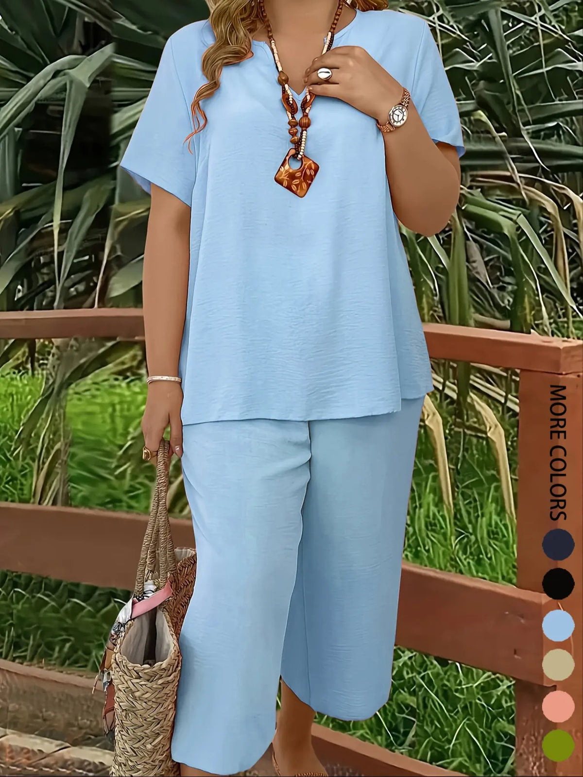 Plus Size Elegant Minimalist Women's Solid Color Short Sleeve Fashion Top & Casual Wide Leg Pants Set for Summer, Lounge Pants Set, Everyday Comfortable & Stylish, Lady Womenswear, Style, Fit, Clothes, Fashion Clothing Set