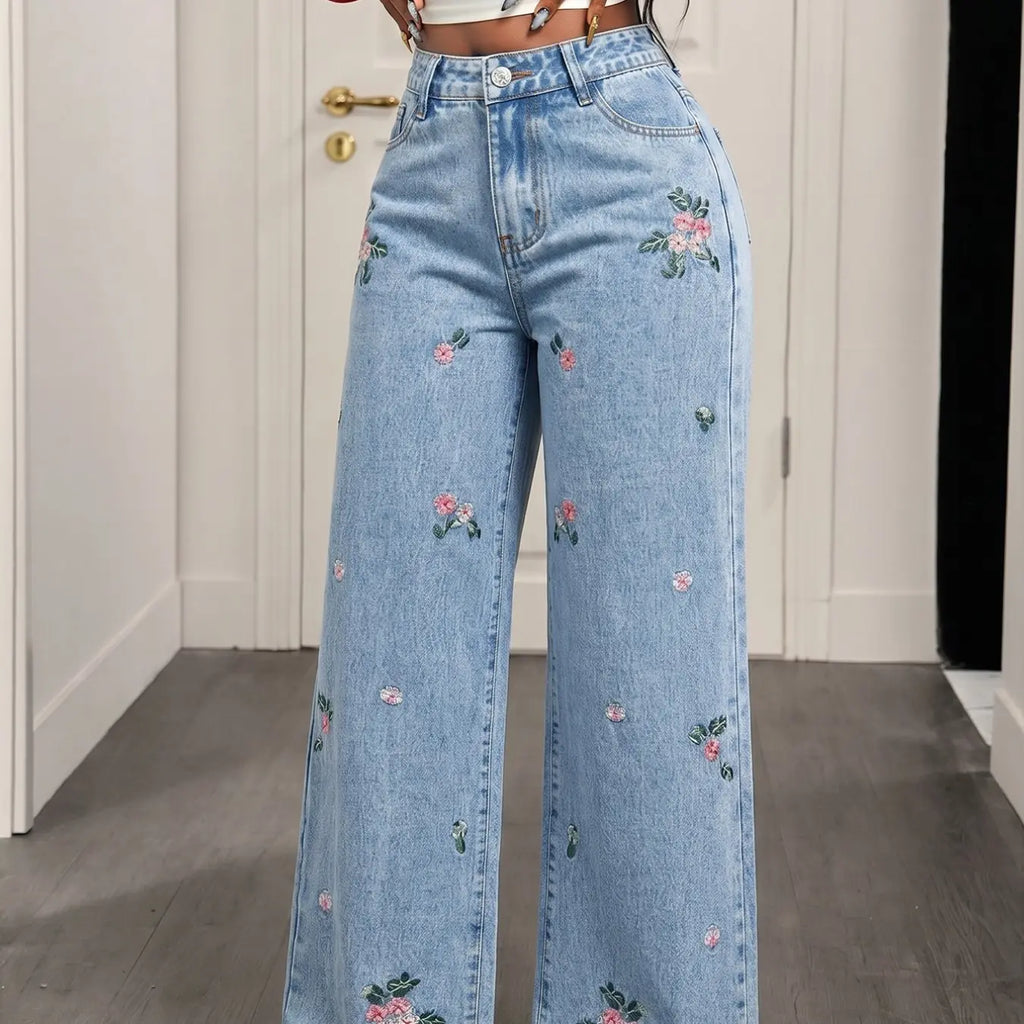 Women's Floral Embroidered Wide Leg Jeans, Casual High Waist Light Blue Washed Loose Fit Straight Pants, Long Denim Trousers, Casual Design Jeans