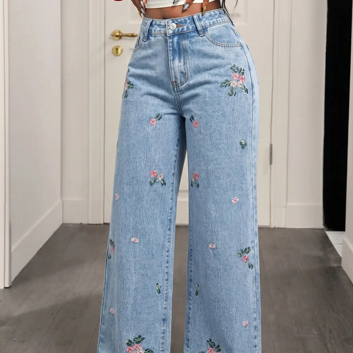 Women's Floral Embroidered Wide Leg Jeans, Casual High Waist Light Blue Washed Loose Fit Straight Pants, Long Denim Trousers, Casual Design Jeans