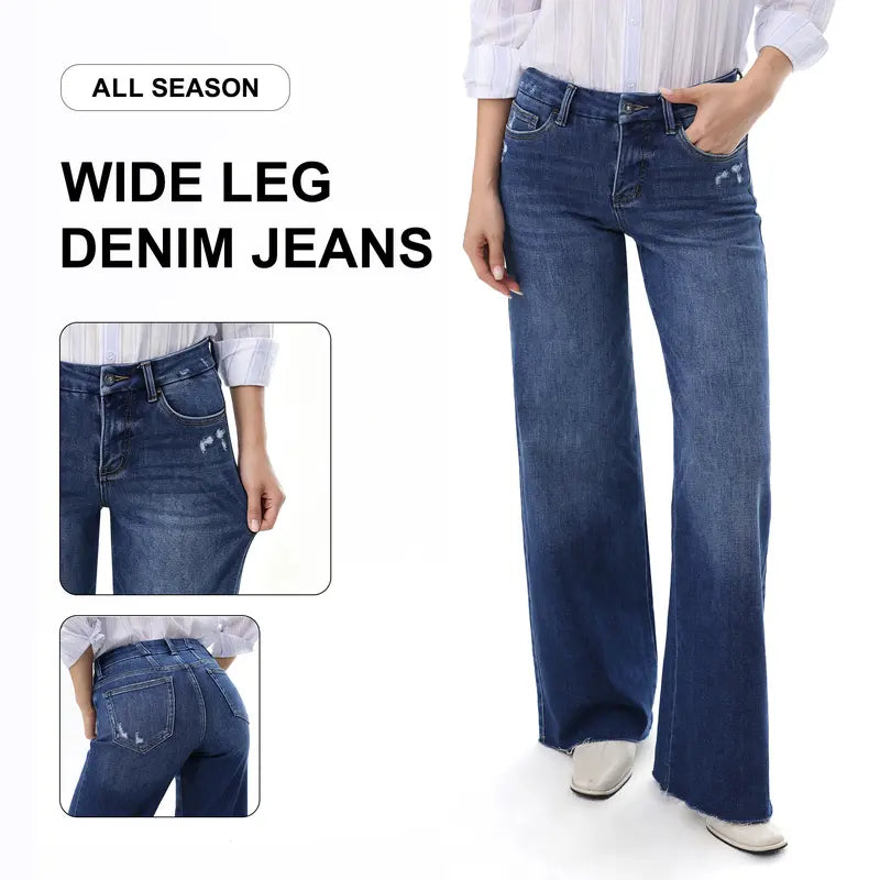Freya ONESO Women Mid Rise High Stretchy BBL Jeans Butt Lifting Wide Leg Raw Hem Denim Pants Tummy Control Spring Basic Minimalist Woman Denim Bottom Comfortable Denim Jeans OSW8019 Plus Size Regular Size Fashion Daily Outfits DIY Inseams #SummerVibes