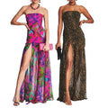 Women Strapless Tube Maxi Dress Tropical Leopard Print High Slit Chiffon Flowy Ruched Bodycon Long Formal Evening Party Gown