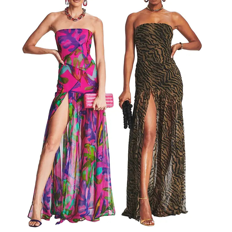 Women Strapless Tube Maxi Dress Tropical Leopard Print High Slit Chiffon Flowy Ruched Bodycon Long Formal Evening Party Gown