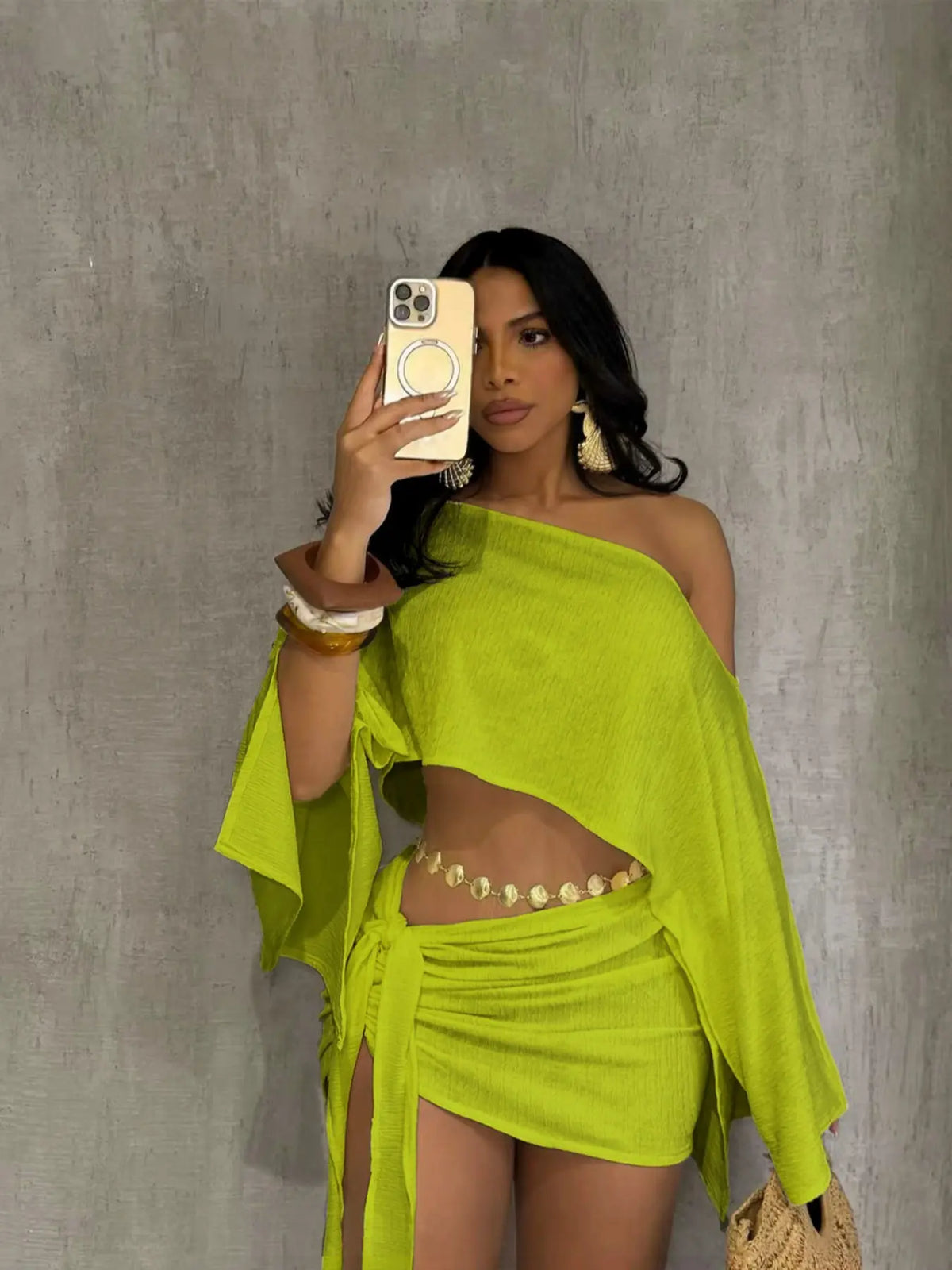 Women's Summer Casual Resort Two‑Piece Set, Top And Skirt Set, Beach Vacation Style Textured Outfit, Off‑Shoulder Loose‑Fit Cape Top + Adjustable Wrap‑Tie Mini Skirt