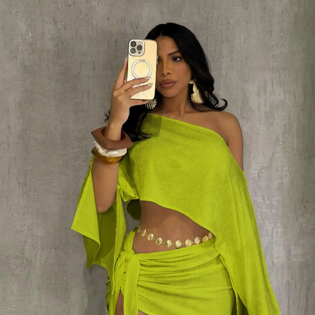Women's Summer Casual Resort Two‑Piece Set, Top And Skirt Set, Beach Vacation Style Textured Outfit, Off‑Shoulder Loose‑Fit Cape Top + Adjustable Wrap‑Tie Mini Skirt