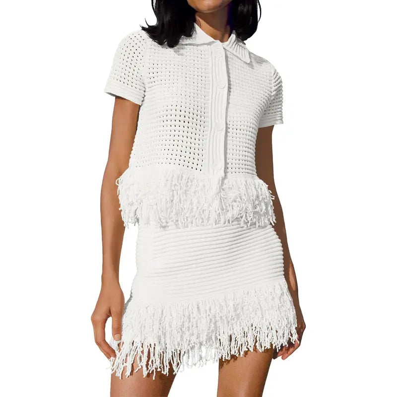 Fisoew Women's Crochet Knit 2 Piece Set, Short Sleeve Button Top with Matching Fringe Skirt, Summer Vacation Beach Cover Up, Shortsleeve, Women's Fashion SohoChic