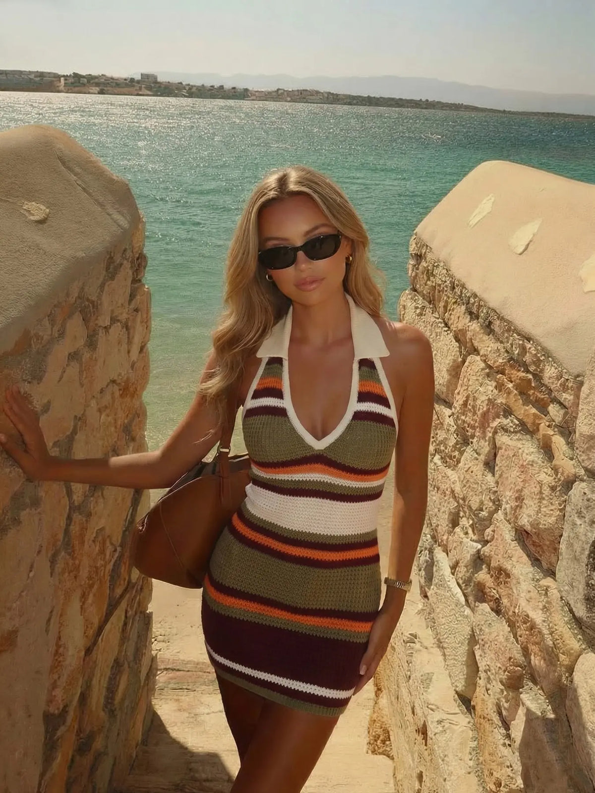 Elegant Striped Beach Vacation Dress, Sexy Knit Bodycon Sweater Dress, Spring Summer Versatile Casual Wear Women's Fashion