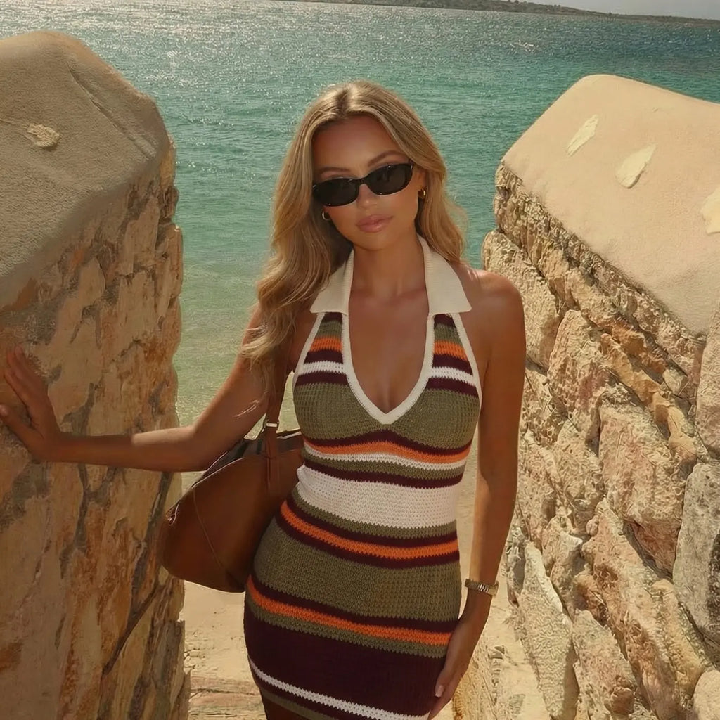 Elegant Striped Beach Vacation Dress, Sexy Knit Bodycon Sweater Dress, Spring Summer Versatile Casual Wear Women's Fashion