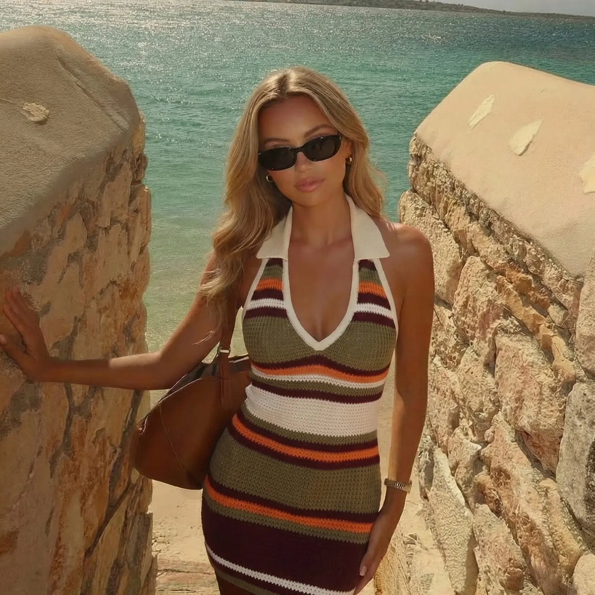 Elegant Striped Beach Vacation Dress, Sexy Knit Bodycon Sweater Dress, Spring Summer Versatile Casual Wear Women's Fashion