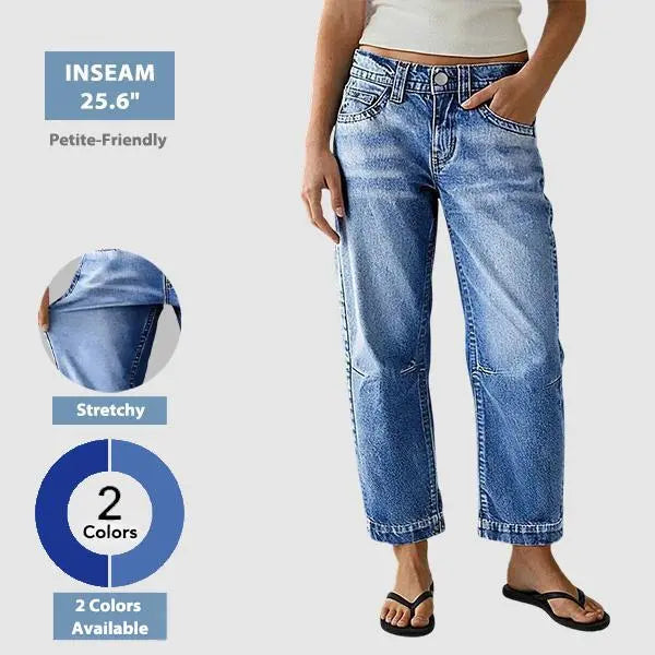 Flamingals Seaming Detail Mid Waist Straight Leg Crop Jeans Stretchy 25.6" Inseam Casual Fit