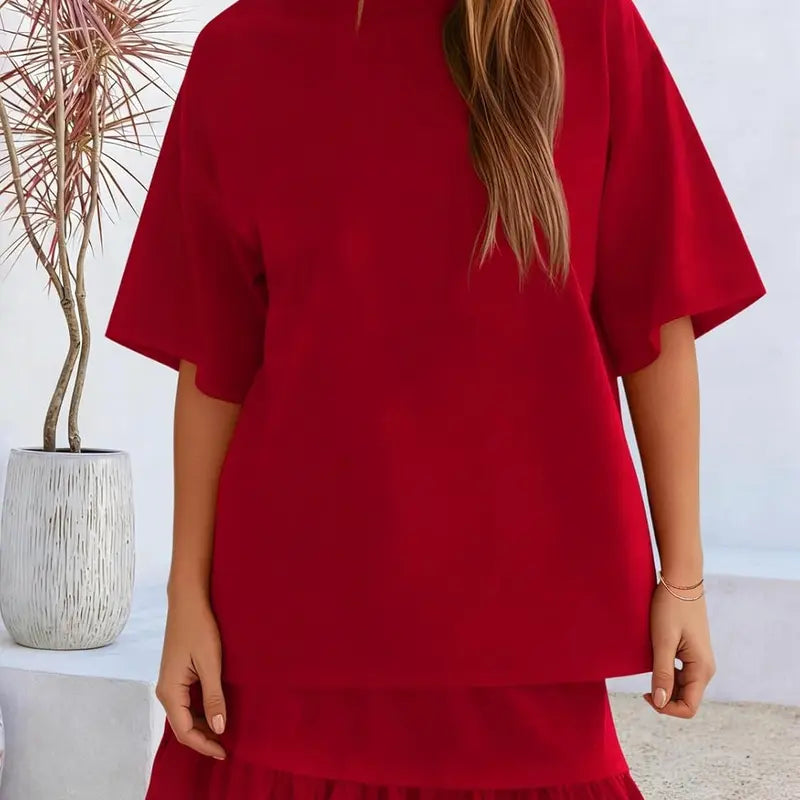 Yousify Women's 2-Piece Set, Casual Half-Sleeve Crew Neck Top & Basic Mini Skirt, Coordinated Summer Vacation Matching Sets for Women, Fashion Apparel