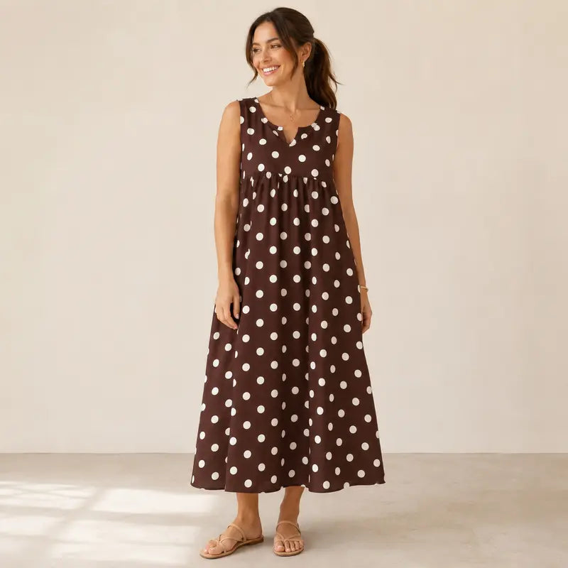 GLAMONIQUE Women's Brown Polka Dot H-Type Maxi Dress - Sleeveless V-Neck Spaghetti Strap, Lightweight Flowy, Side Slit, Adjustable Casual Wear for Outdoor, Vacation