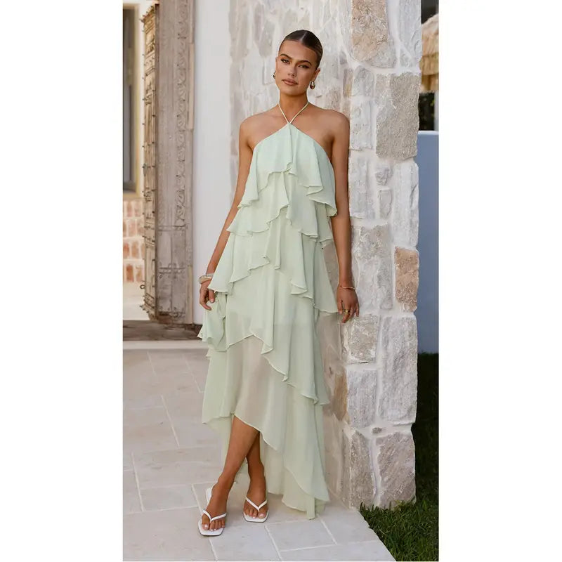 Aprilake Women's Summer Frill Halter Neck Flowy Chiffon Sundress A-Line Tiered Ruffle Long Maxi Formal Wedding Dress