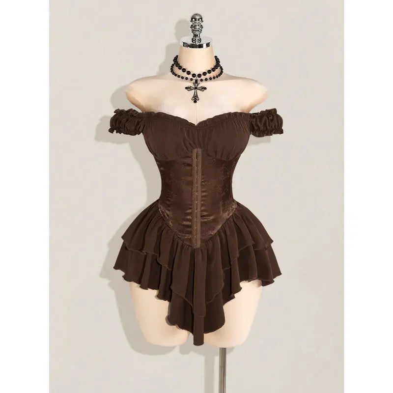 Women's Halloween Gothic Off-Shoulder Chiffon A-Line Mini Dress Costume, Ruched Jacquard Waist, Ruffle Trim, Dark Romantic Spooky Party Outfit