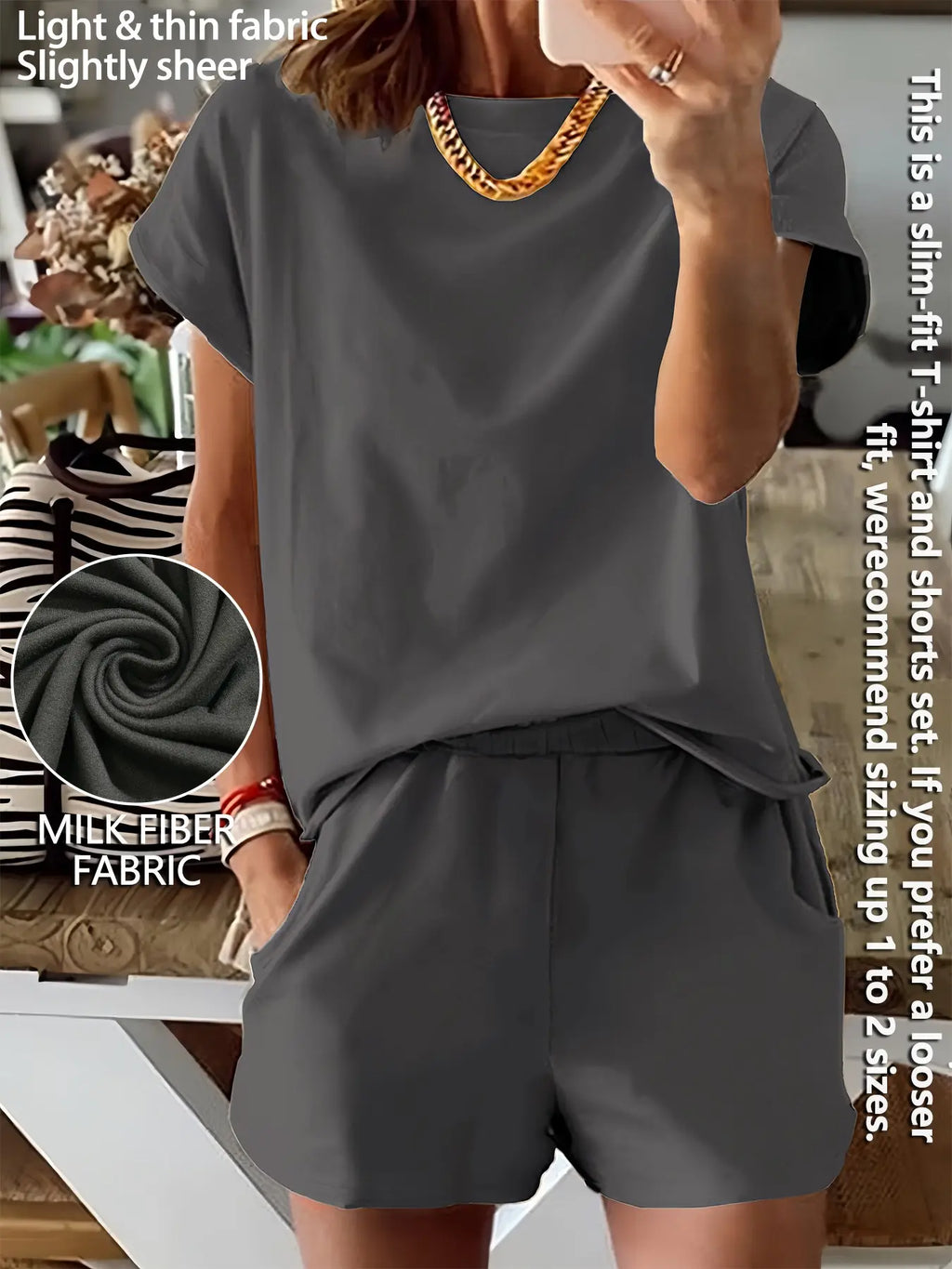 Women's Summer Short Sleeve Plain Basic Fitted Set Outfit Suits Womenswear Style, Slim-Fit Natural Waist Design Shorts & Tops, Perfect for Casual Wear
