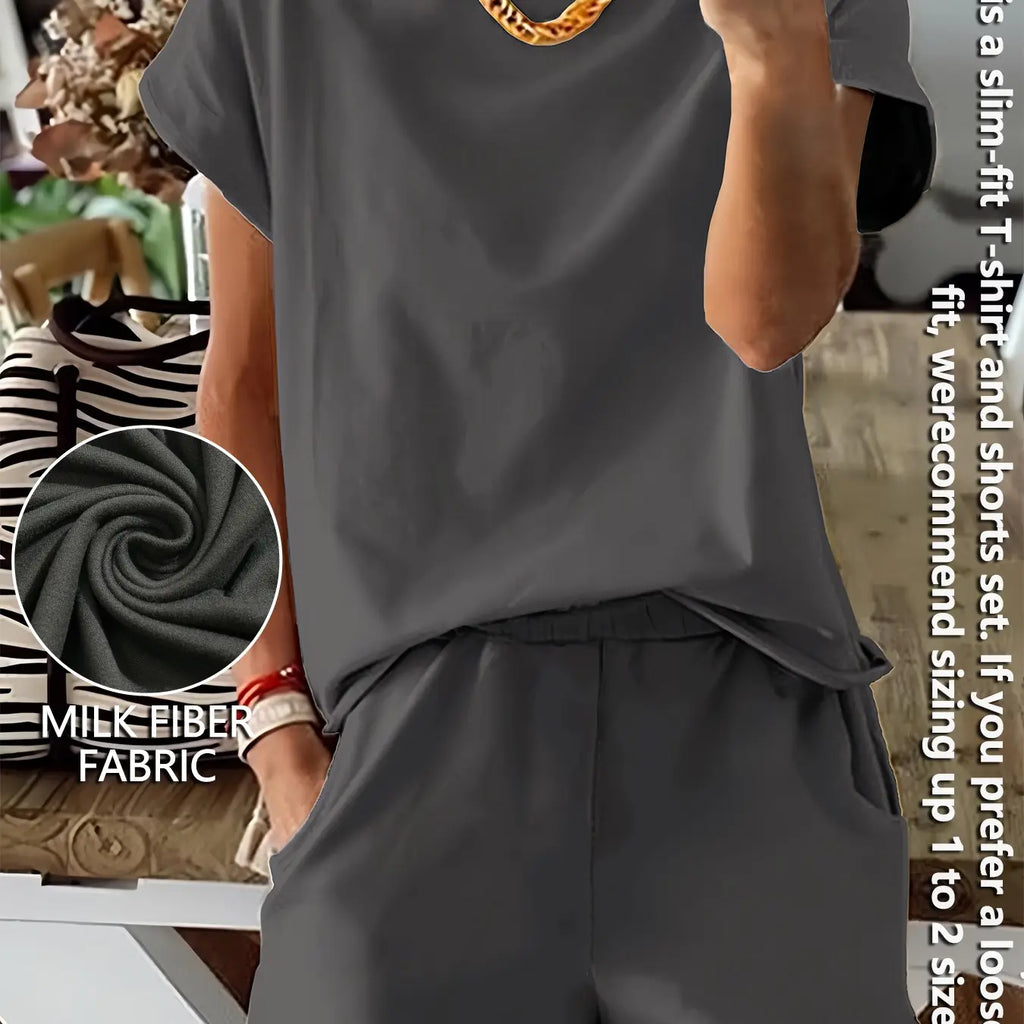 Women's Summer Short Sleeve Plain Basic Fitted Set Outfit Suits Womenswear Style, Slim-Fit Natural Waist Design Shorts & Tops, Perfect for Casual Wear
