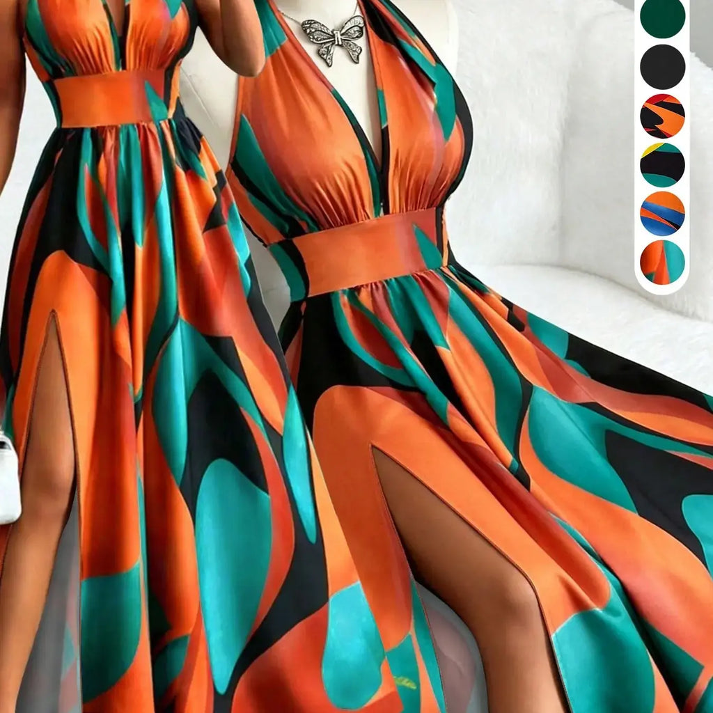 Printed Halter Long Dress, Deep V Neck Split Dress, Vintage Style, Sleeveless Backless, Beach Vacation, Summer New Arrival, Ff2608, Summer Dresses