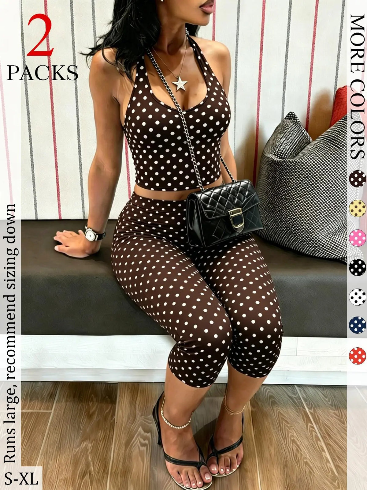 2 Packs Women Polka Dot 2 Piece Outfit, Casual Chic Set, Halter Crop Top & High Waist Capri Leggings Set, Bohemian Slim Fit Loungewear Tracksuit for Streetwear Summer