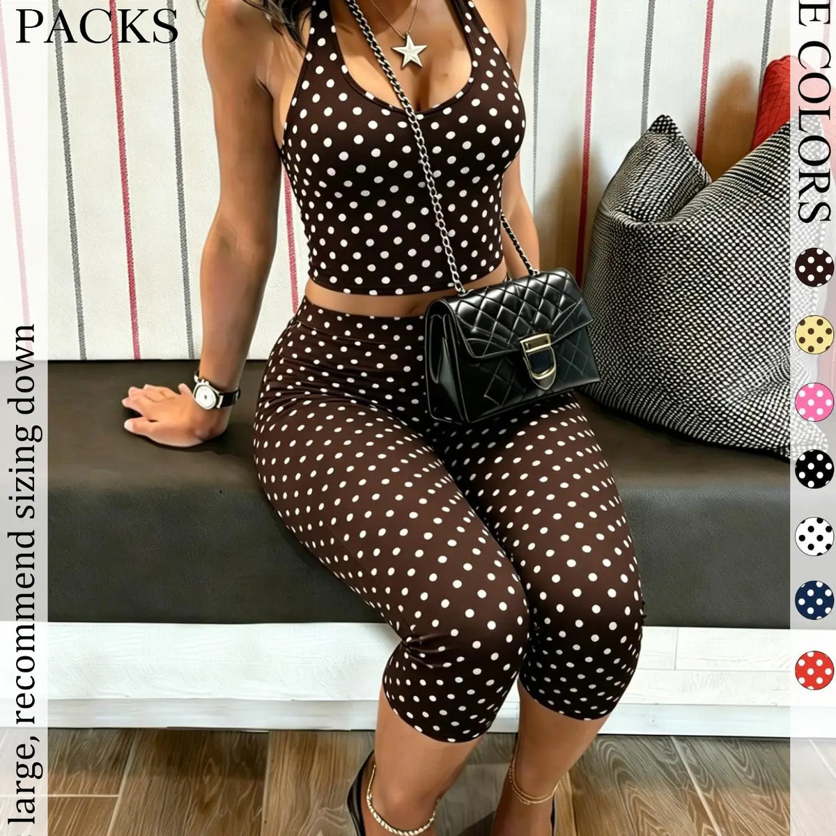2 Packs Women Polka Dot 2 Piece Outfit, Casual Chic Set, Halter Crop Top & High Waist Capri Leggings Set, Bohemian Slim Fit Loungewear Tracksuit for Streetwear Summer