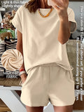 Women's Summer Short Sleeve Plain Basic Fitted Set Outfit Suits Womenswear Style, Slim-Fit Natural Waist Design Shorts & Tops, Perfect for Casual Wear