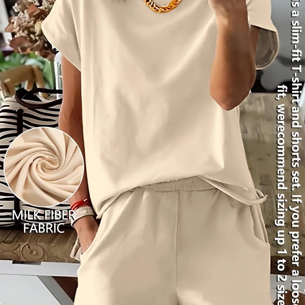 Women's Summer Short Sleeve Plain Basic Fitted Set Outfit Suits Womenswear Style, Slim-Fit Natural Waist Design Shorts & Tops, Perfect for Casual Wear