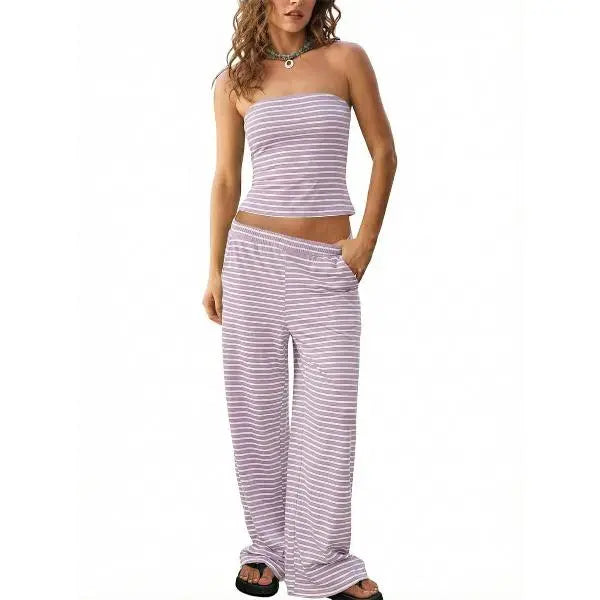 TANKANEO Women's 2-Piece Striped Trendy Clothing Set - Cute Slim Y2K Strapless Tube Top & Wide Leg Pants, Comfortable Casual Spring Summer Outfits (Cute Clothes, Casual Women's Set)