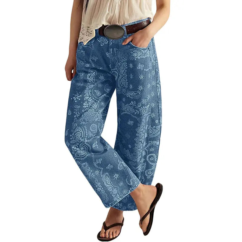 CHOUYATOU Women's Printed Wide-Leg Jeans Y2k Loose Mid-Rise Jeans in Soft Pink with Boho Floral Pattern Casual Denim Trousers