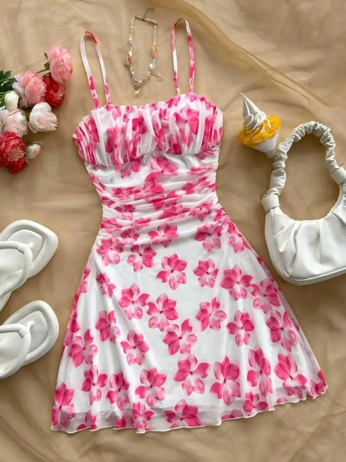 Women's Vintage Maple Leaf Print Floral Ruched Mini Dress Sleeveless, Retro Style Bohemian Dress, Perfect for Spring and Fall, Casual Stylish and Comfortable Dress, Boho Casual Fashion Dress #GLOBAL PICKS